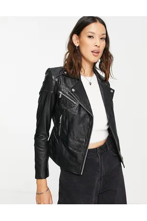 Women's Real Leather Ribbed Biker Jacket - Barneys Originals