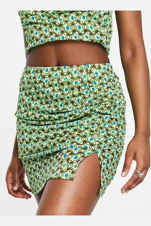 ONLY Ruched side skirt in green abstract print (part of a set)