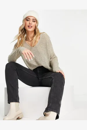 JDY Lightweight v neck jumper in -Neutral