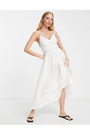Topshop Shirred ruffle slip midi dress in -White