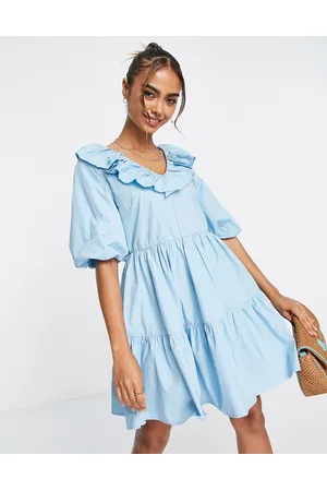 In The Style x Lorna Luxe open back frilly skater dress in blue floral print