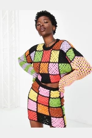 The Ragged Priest Oversized cropped jumper in rainbow crochet patchwork co-ord-Multi