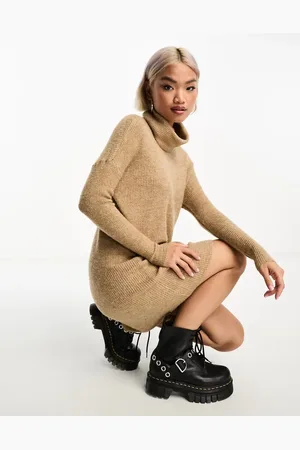 ONLY Roll neck knitted mini jumper dress in -Neutral