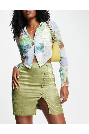 Flounce London Satin button up mini skirt in jacquard (part of a set)-Green