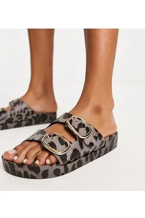 London Rebel London Rebel Wide Fit double buckle footbed sandals in leopard