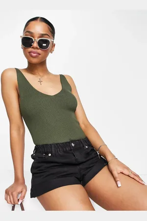 JDY V neck knitted singlet top in -Green