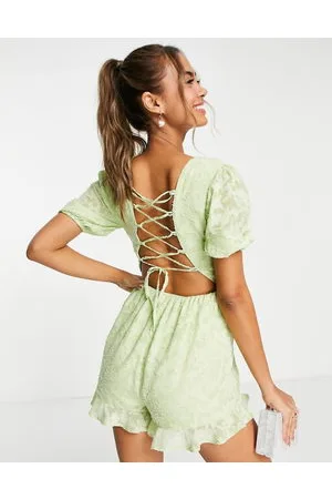 Miss Selfridge Textured lace back wrap playsuit in -Green