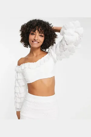 In The Style X Yasmin Devonport exclusive lace frill sleeve detail crop top in (part of a set)