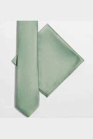 ASOS Satin slim tie and pocket square in sage green