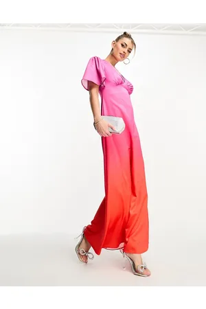 Flounce London satin flutter sleeve wrap front maxi dress in red