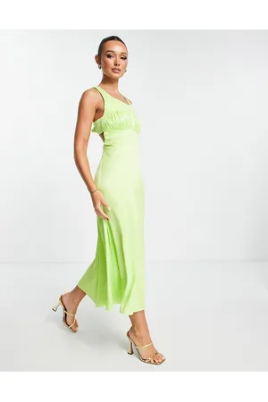 River Island Ruched bodice bow back satin midi dress in -Green