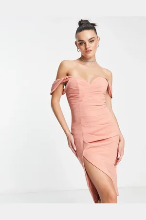 Lavish Alice Pleated bardot midi dress in -Orange