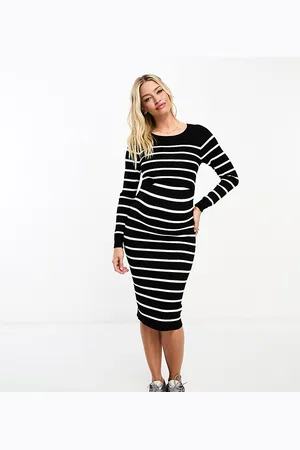 Mama;licious Mamalicious Maternity double layer midi dress in black and white stripe