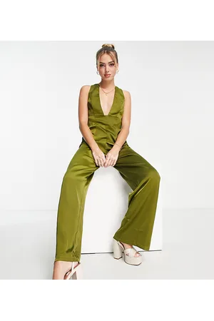 In The Style X Yasmin Devonport exclusive plunge front wide leg jumpsuit in -Green