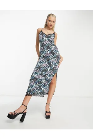 JDY Exclusive lace trim midi dress with side split in blue ditsy floral