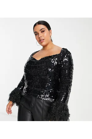 ASOS Curve embellished long sleeve top with faux feather cuff & cowl neck detail in -White