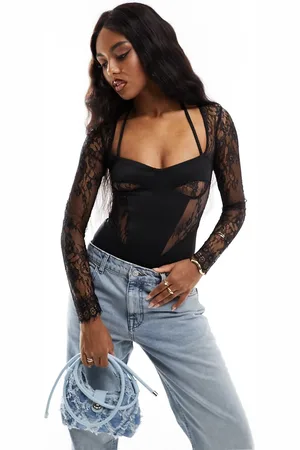 ASOS Lace insert corset bodysuit with shrug detail in