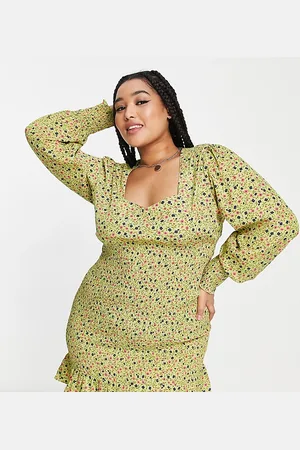 Daisy Street Square neck shirred mini dress in khaki ditsy-Multi