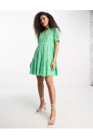 Y.A.S Y.A.S v neck broderie mini dress in green