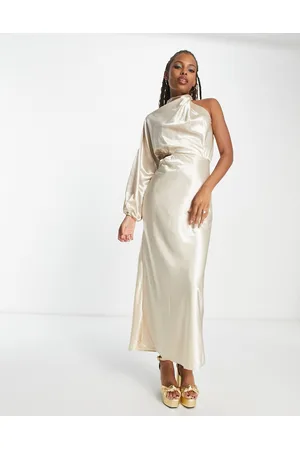 In The Style X Terrie McEvoy satin one volume shoulder cut out maxi dress in -Neutral