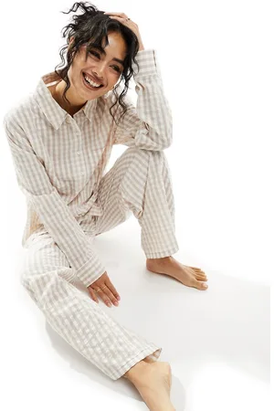 Luna Mix & Match oversized pyjama shirt in beige gingham