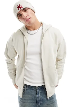 Only & Sons Heavyweight zip through hoodie in stone-Neutral