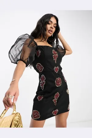 Lace & Beads Exclusive sheer puff sleeve bodycon mini dress in mixed applique-Multi