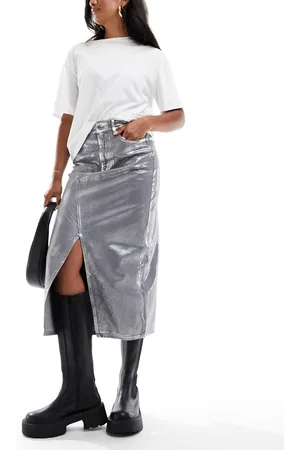 River Island Coated denim midi skirt in silver-Grey