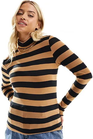 Mama;licious Mamalicious Maternity long sleeve roll neck top in and brown stripe