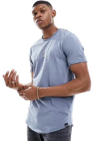 Only & Sons Raw edge longline curved hem t-shirt in blue