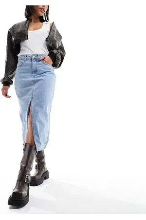 ONLY Denim midi skirt with front split in light blue