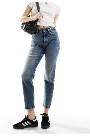 Noisy May Moni high waisted straight jeans in mid wash blue-Navy
