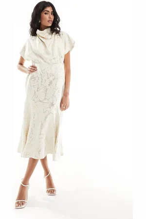 Closet Drape midaxi dress in cream and gold-Multi
