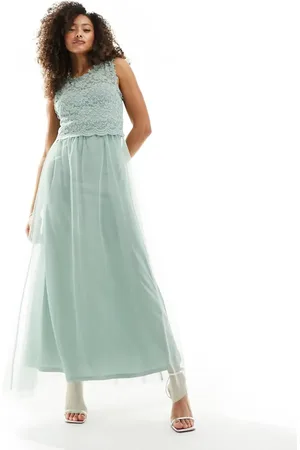VILA Bridesmaid lace and tulle maxi dress in sage green