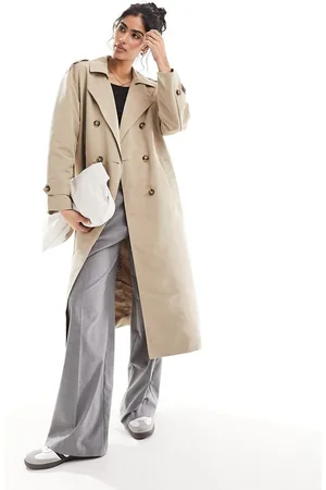 VERO MODA Longline belted trench coat in stone-Neutral
