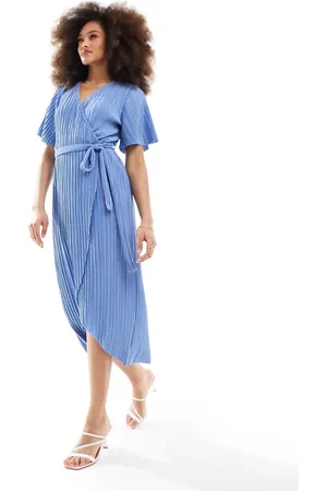 Y.A.S Bridesmaid plisse wrap midi dress in blue