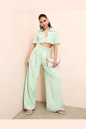 ASOS LUXE bandeau corseted tiered ruffle top and wide leg sheer pants in  blue