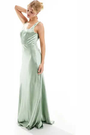 Six Stories Bridesmaid square neck satin maxi dress in -Green