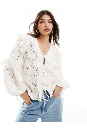 VILA V neck broderie tie front blouse in white