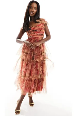 Lace & Beads Tiered tulle midi dress in -Multi
