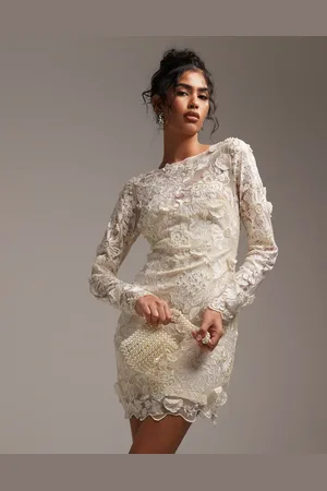 ASOS Long sleeve embroidered mini wedding dress in -Neutral