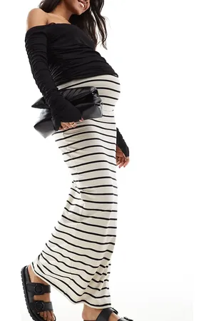 Mama;licious Mamalicious Maternity jersey over the bump maxi skirt in cream stripe-Neutral