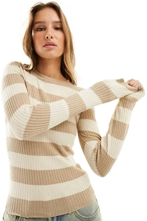 JDY Ribbed long sleeve top in tonal stripe-Neutral