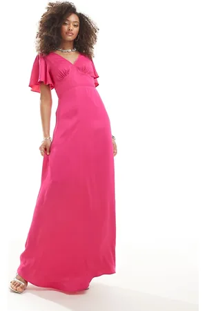 Maids to Measure Bridesmaid flutter sleeve maxi dress in bright pink
