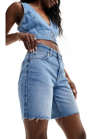 Bershka High waisted raw hem longline denim shorts in mid