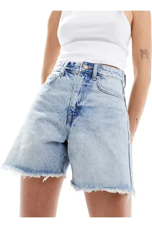 Pull&Bear High waisted raw hem longline denim shorts in