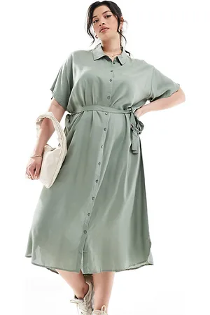 VERO MODA Shirt midi dress with tie belt in green