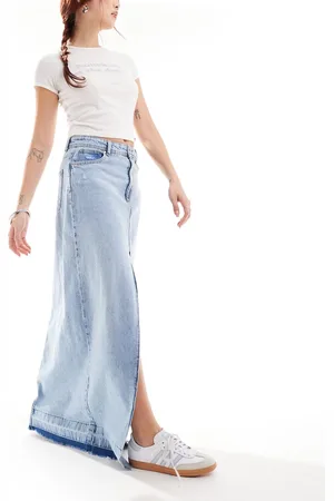 ONLY Denim maxi skirt with frayed hem in blue