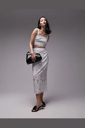 Topshop Premium lace detail midi skirt in (part of a set)-White