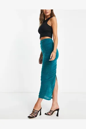 Topshop Premium ruched mesh midi skirt in -Blue